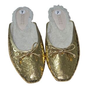 Schutz‎ Evelin Flat Metallic Crackle Gold Leather Women's Size 7 Medium